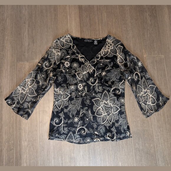 New York City Design Co, Silk V Neck Sequined Blouse, Black w Tan Paisley, Sz L - Picture 1 of 8